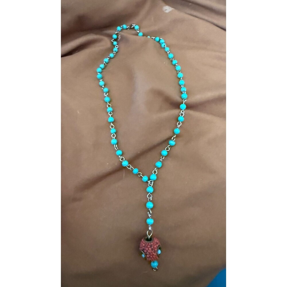 Vintage Sterling Silver Y-Necklace - Natural Amazonite & Coral Pendant, 10.1g